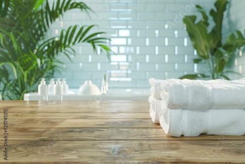 towel background splay Podium product blurred bathroom podium blur display dais wooden table 