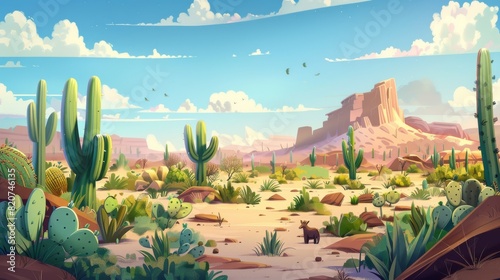 Cartoon desert scene with cacti and animals