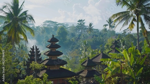 epic cinematic Bali landscape on sunny day, temples on horizon, jungle