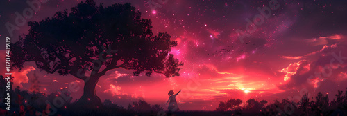Twilight Reverie: A young girl's dreamy interaction with the universe