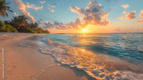 A vibrant sunrise illuminates the sandy shore and palm trees of a secluded tropical beach with crystal clear water lapping at the edge