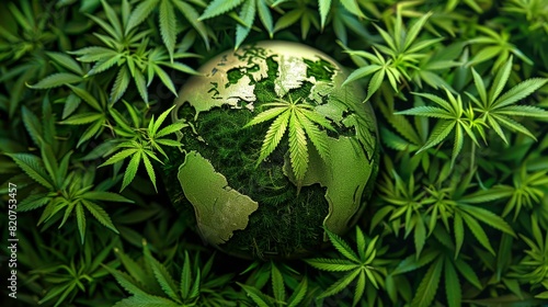 A detailed close-up of a globe enveloped by cannabis leaves, representing the global impact of medical cannabis