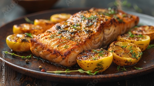 baked grilled salmon with lemon and dill, infused with herbs and spices cooked to perfection