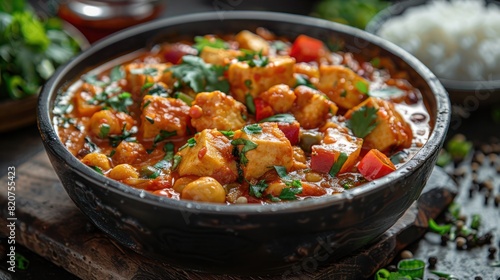 a wholesome bowl of chickpea curry loaded with thick creamy curry with chopped tomatoes garnished with coriander leaves