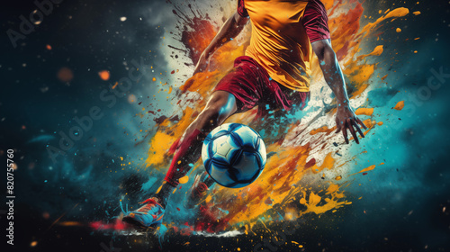 Soccer player executing a powerful kick on soccer ball, dynamic colorful composition.