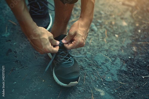 Running shoes being tied by a man getting ready for jogging