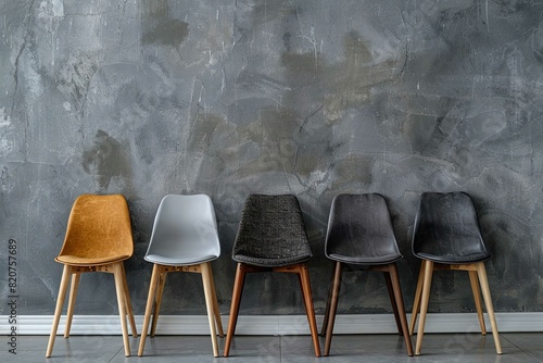 Row of chairs on gray wall background