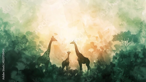 Endangered animals silhouettes fading into forest shadows, watercolor, soft tones, dreamy