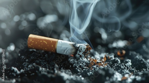 A lit cigarette with smoke rising from it, perfect for anti-smoking campaigns