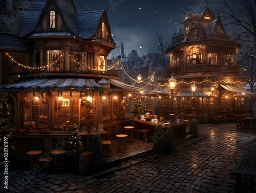 Christmas night in the old town of Lviv, Ukraine. Old wooden houses at night.