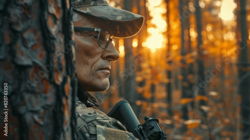 A man in camouflage gear is standing in a forest with a gun