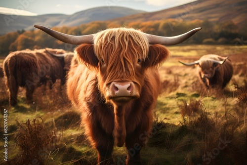 A highland cow scotland in a green field 