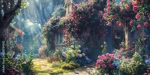 Relaxing cottage garden scene showing beautiful english climbing roses in summer sunshine. illustration