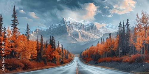 Scenic road trip with rocky mountain in autumn forest at Icefields Parkway illustration