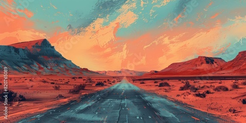 AI Generated. AI Generative. Adventure desert road explore vibe. Graphic Art illustration