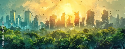 A post-human world reclaimed by nature, with lush forests and verdant meadows spreading across the remnants of once-great cities now consumed by the earth. illustration.