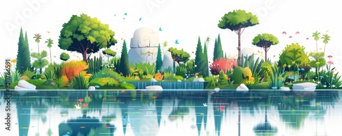 A bioengineered paradise, where lush gardens and crystal-clear lakes are home to a diverse array of genetically-modified flora and fauna. illustration.