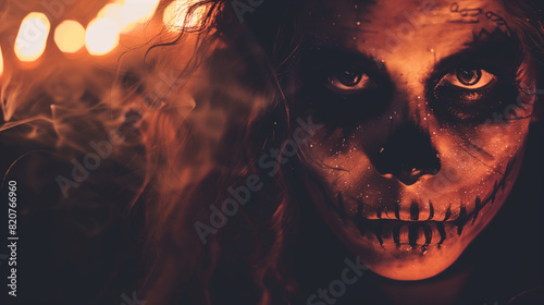 A young woman radiates joy at a Halloween parade, her intricate makeup a fusion of Japanese and gothic styles. Her eyes sparkle, reflecting the vibrant city lights.