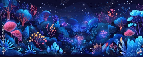 A bioengineered paradise with glowing flora and fauna, where bioluminescent plants light up the night and genetically-modified creatures roam free. illustration.