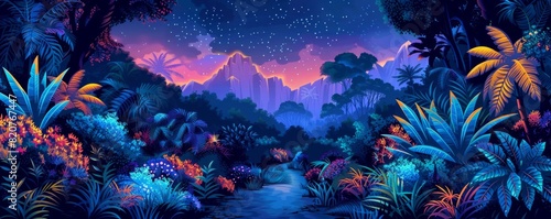 An alien jungle teeming with exotic flora and fauna, where bioluminescent plants cast an ethereal glow over the darkened landscape, illuminating the path for intrepid explorers. illustration.