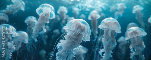 Plastic bag jellyfish drifting in polluted waters, 3D rendering, soft blues, ethereal