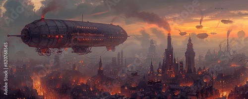 A steampunk metropolis where steam-powered dirigibles float lazily through the air, casting shadows on the cobblestone streets below. illustration.