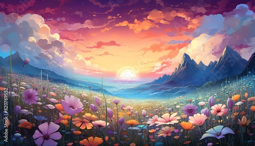 A field of flowers under a holographic sky, Fantasy, Bright colors, Digital painting, nature, beauty, surreal,