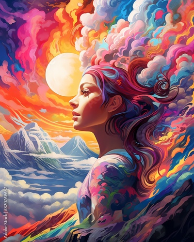 A person daydreaming in a surreal landscape, Psychedelic, Vibrant colors, Digital art, imagination, dreamlike, whimsical,