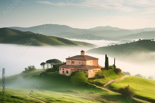 A villa in a European landscape. Minimalist with mist over the landscape. 