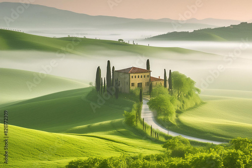 A villa in a European landscape. Minimalist with mist over the landscape. 