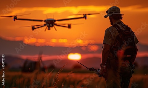 A man prepares a drone for a sunset flight, farm safety management