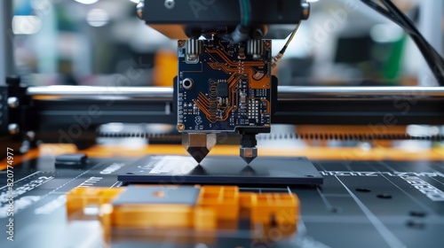 The inner workings of a 3D printer, highlighted by its electronic circuitry