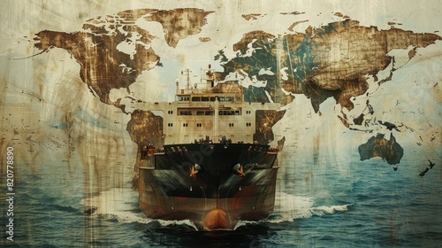 Cargo ships ply the oceans of continents, delivering goods, with a double exposure world map background, symbolizing the import-export business.