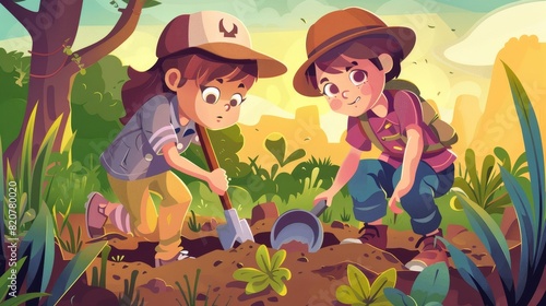 The archaeologist boy digs and explores on sunrise. The paleontologist boy digs in the park with a shovel and magnifying glass, while the scout boy and the girl scientist discover prehistoric ground.