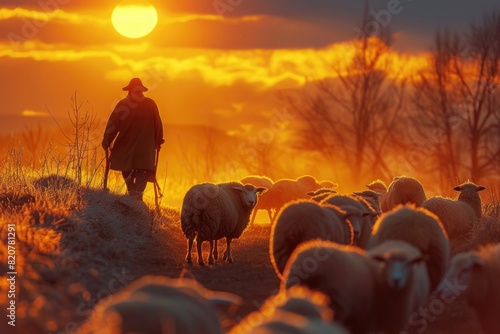 A man in a hat herding a flock of sheep. Suitable for agricultural and farming concepts