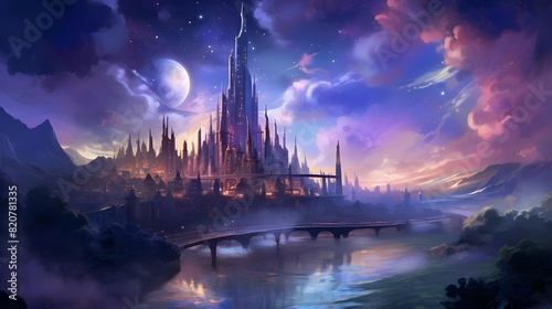 Fantasy landscape with a temple in the middle of the night.