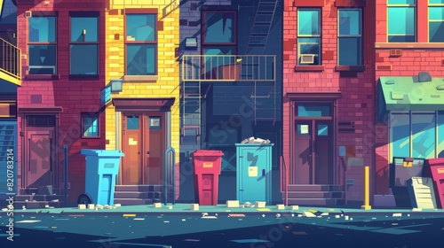 Cartoon illustration of an old city alleyway with trash and building bricks in shadow of an apartment facade. A dirt road game scene near a dumpster in an alleyway in Manhattan.