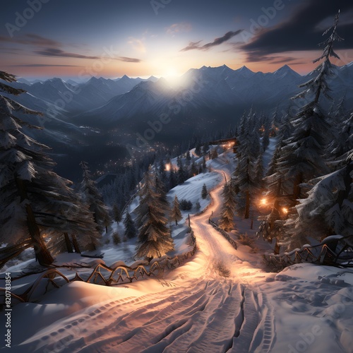 Snowy road in the mountains at sunset. Carpathians, Ukraine