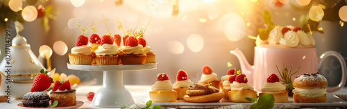 An array of beautifully crafted desserts and pastries on a elegant dessert table with beautiful lights as background 