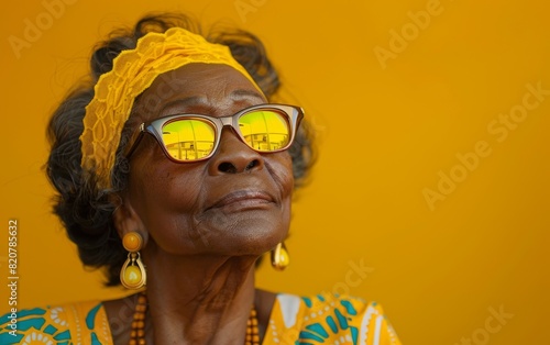 An older woman of North African descent wearing vibrant yellow sunglasses and a matching headband