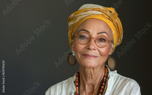 An elderly woman of North African descent wearing a yellow turban and glasses