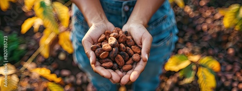 Cocoa beans harvest in the hands of a woman. Selective focus.