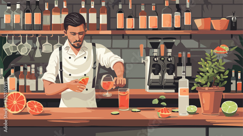 Male bartender making grapefruit gin and tonic on tab