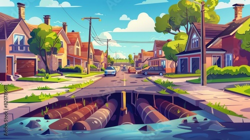 Modern cartoon illustration of a town street with underground pipeline system, private homes, garages on the street, and water supply and drainage pipes run under asphalt, as well as utility services