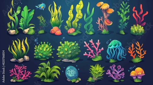 Ocean aquatic tropical world vibrant creatures and algae. Cartoon modern set of seaweeds, corals, fish, and jellyfish.