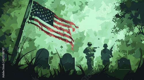 Soldiers honor fallen comrade at grave with flag. Suitable for military, patriotic and memorial themes in designs, projects, and presentations.