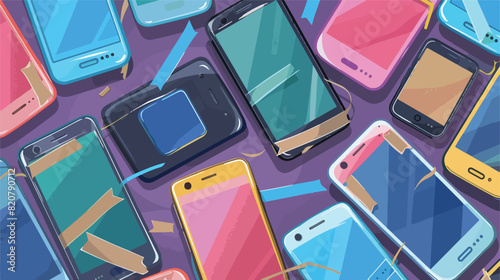 Mobile phones with adhesive tapes on color background