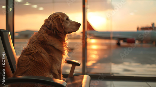 A lone golden retriever sits patiently on a chair in an airport terminal, gazing out the window at a departing plane as the sun sets