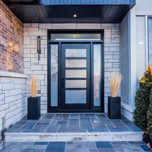 Beautiful house with a modern front entrance door in bold black, featuring three vertically aligned rectangular frosted glass panels down the center