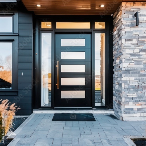 Stunning home with a bold black modern front entrance door, showcasing three rectangular frosted glass panels aligned vertically in the center